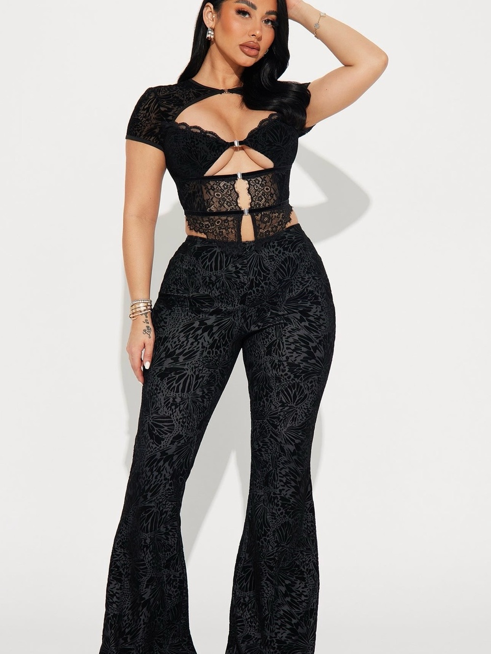 Fashion Nova Black Lace Cutout Boot Flare Jumpsuit
